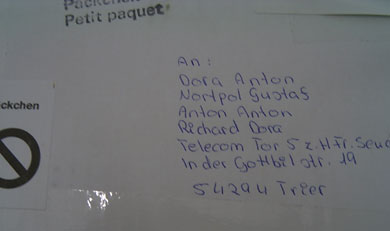 Statt Dangaard steht auf dem Paket: Dora Anton Nortpol Gustaf Anton Anton Dora